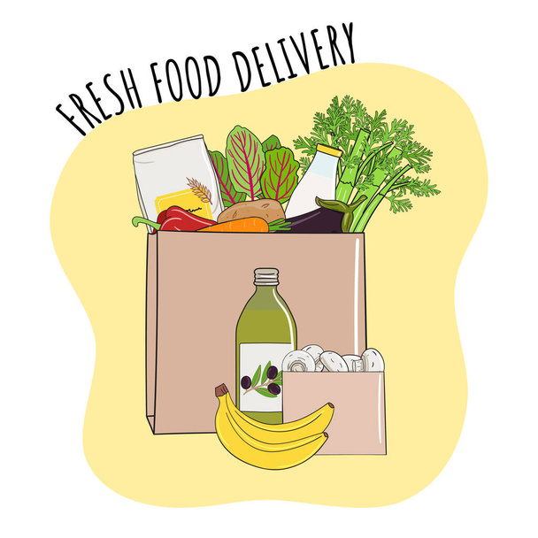Fresh food delivery concept. Vegetables and fruits in paper bag. Organic market and healthy food print. Hand drawn vector illustration. - Vector, Image