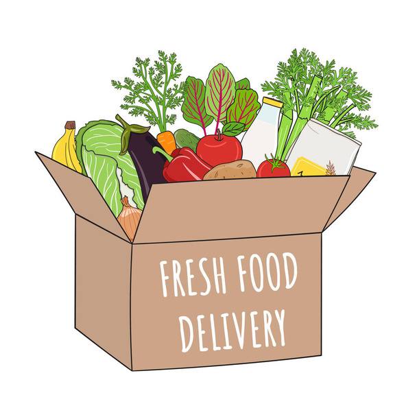Koncept dodávky čerstvého jídla. Zelenina a ovoce v papírové krabici. Ekologický trh a zdravý tisk potravin. Ručně kreslená vektorová ilustrace. - Vektor, obrázek
