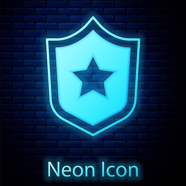 Ícone de emblema da polícia de néon brilhante isolado no fundo da parede de tijolo. Assinatura do distintivo do xerife. Escudo com símbolo estelar. Vetor - Vetor, Imagem