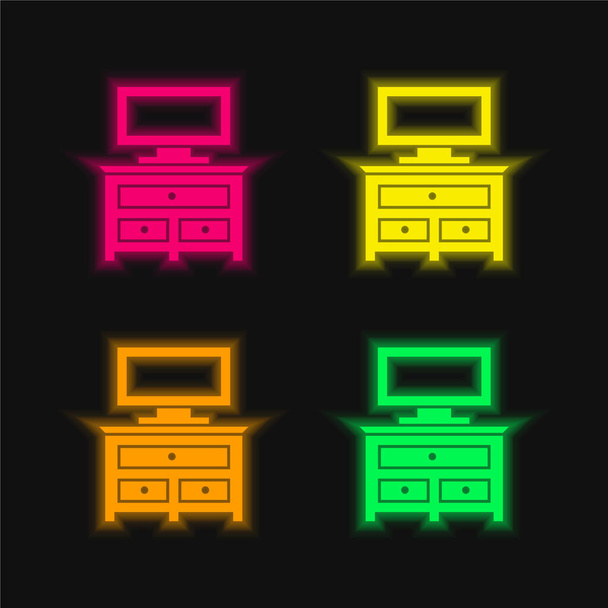 Bedroom Drawer Furniture With Tv Monitor four color glowing neon vector icon - Vector, Image