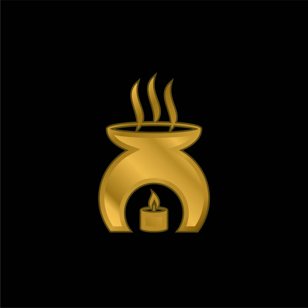 Outil d'aromathérapie avec une bougie brûlante chauffage parfum huile plaqué or icône métallique ou logo vecteur - Vecteur, image