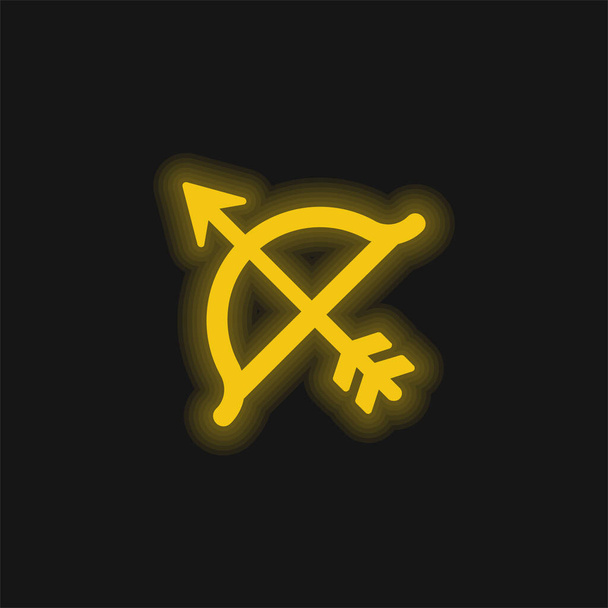 boog en pijl geel gloeiende neon pictogram - Vector, afbeelding