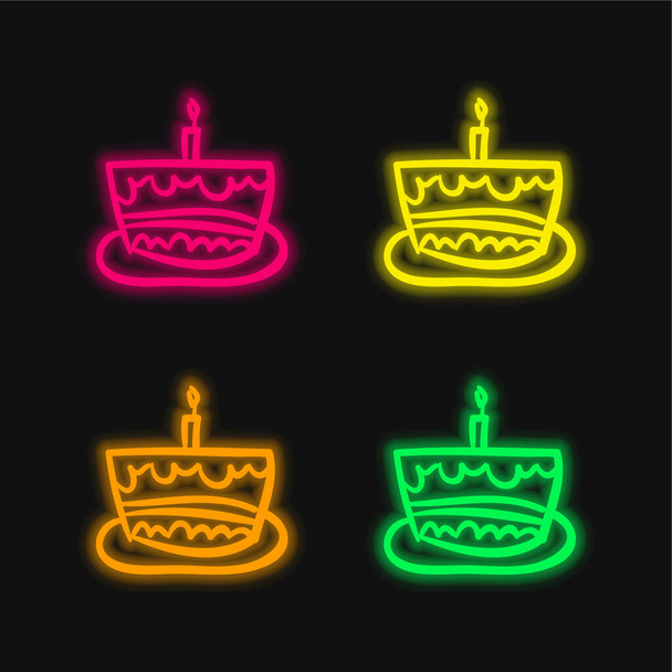 День народження Торт Рука намальована Святкування Їжа чотири кольори світяться неонові Векторні значки
 - Вектор, зображення