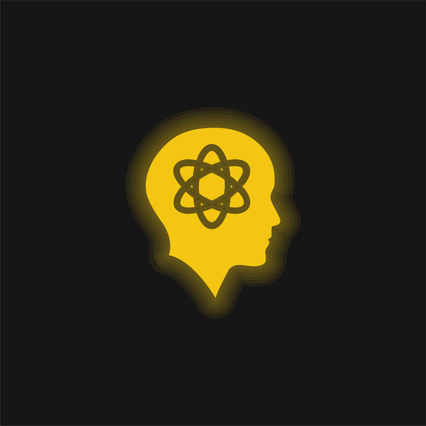 Лысая голова с научной символикой желтый светящийся неоновый значок - Вектор,изображение