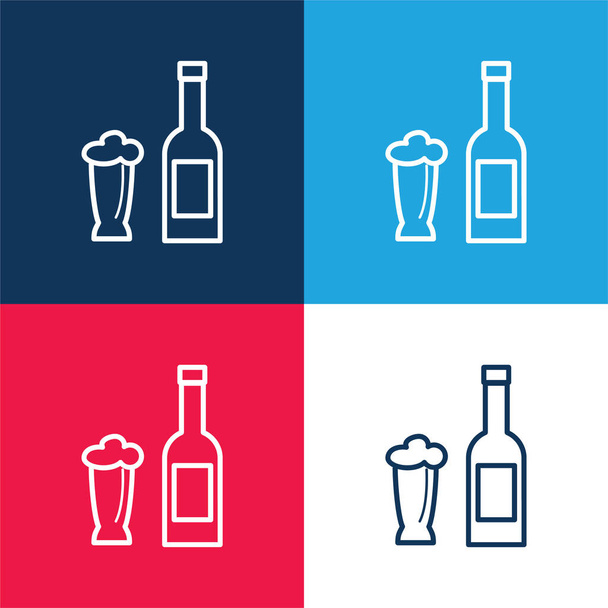 Láhev od piva a sklenice modrá a červená čtyři barvy minimální sada ikon - Vektor, obrázek
