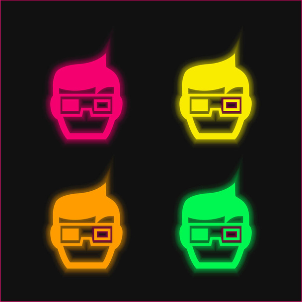 Boy With 3d Spectacles At Cinema four color glowing neon vector icon - Vector, Image