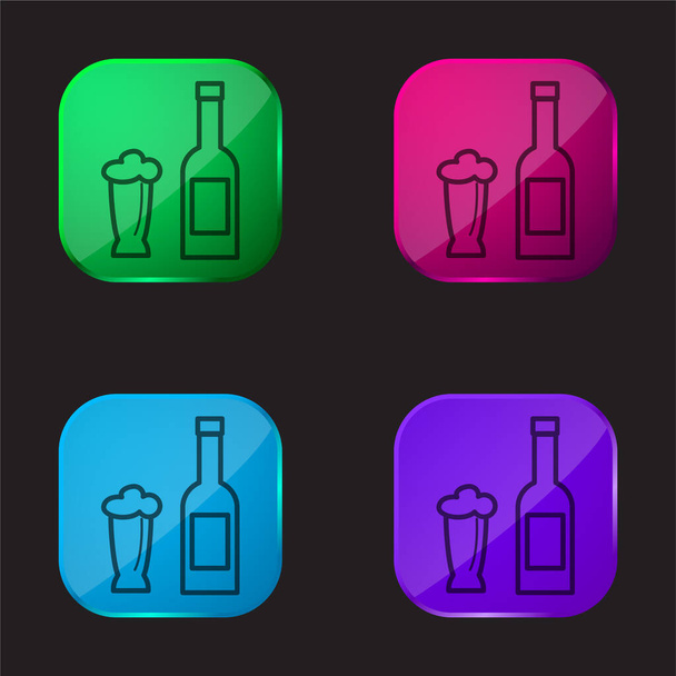 ビールボトルとガラス4色のガラスボタンのアイコン - ベクター画像