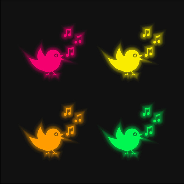 Bird Singing With Musical Notes four color glowing neon vector icon - Vector, Image