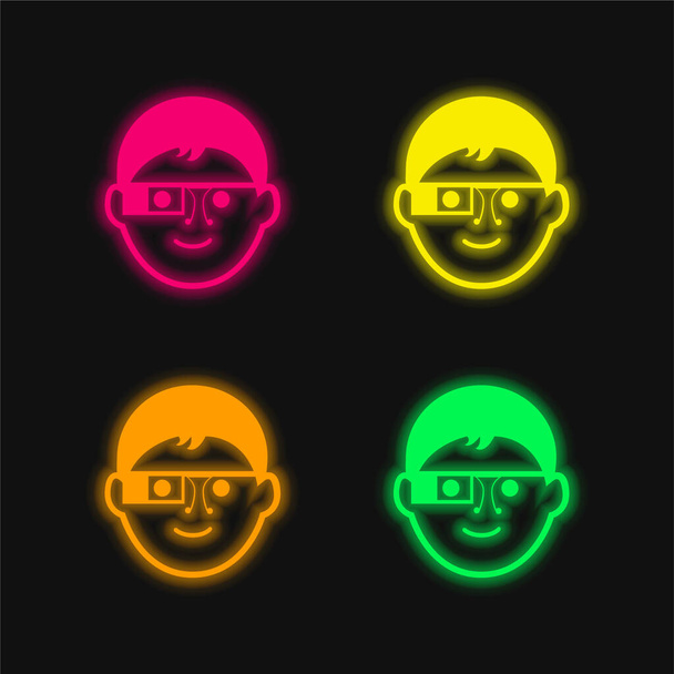 Boy With Google Szemüveg négy színű izzó neon vektor ikon - Vektor, kép