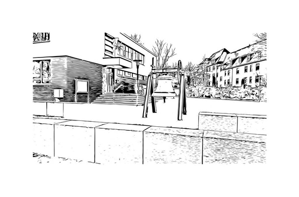 Imprimir Vista del edificio con hito de Essen es una ciudad en el oeste de Alemania. Dibujo dibujado a mano ilustración en vector. - Vector, Imagen