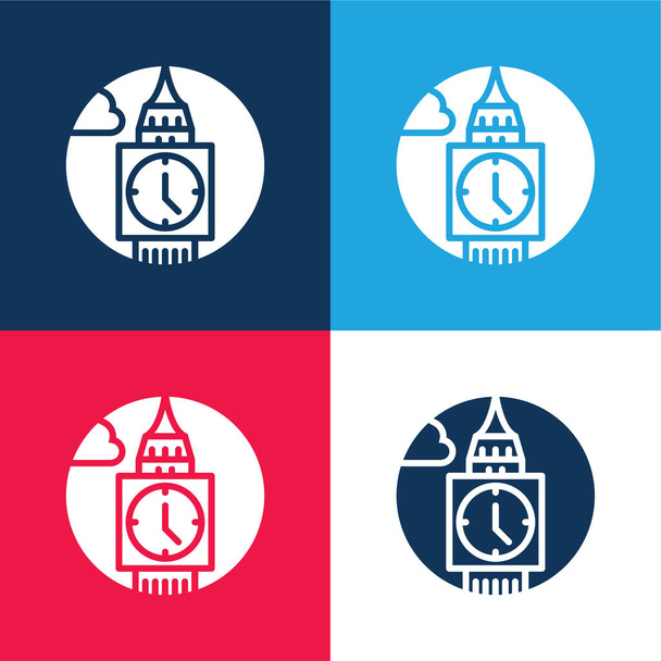 Big Ben bleu et rouge ensemble d'icônes minimales quatre couleurs - Vecteur, image