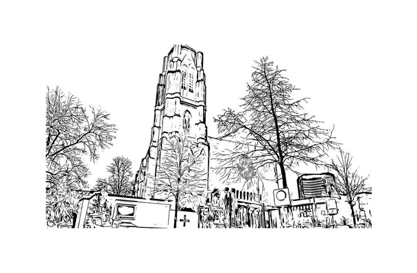 Print Vue sur le bâtiment avec monument d'Essen est une ville de l'ouest de l'Allemagne. Illustration dessinée à la main en vecteur. - Vecteur, image