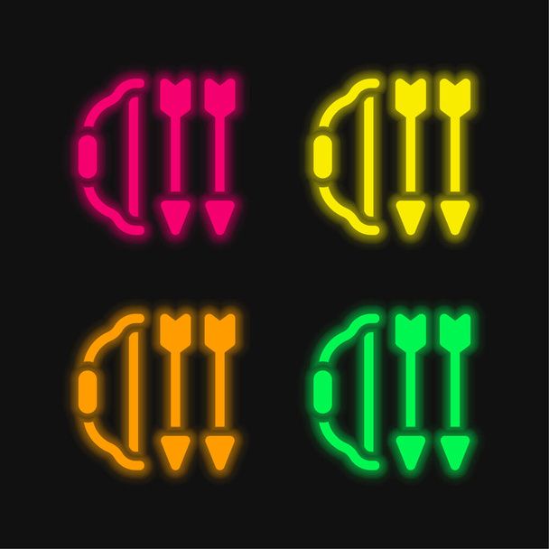 Лук и стрела 4 цвета светящийся неоновый вектор значок - Вектор,изображение