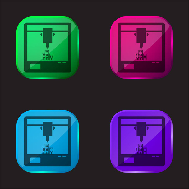 3d Σύμβολο εκτυπωτή του παραθύρου τέσσερις εικονίδιο κουμπί γυαλί χρώμα - Διάνυσμα, εικόνα