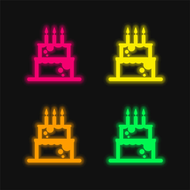 Cale di compleanno con candele icona vettoriale al neon incandescente a quattro colori - Vettoriali, immagini