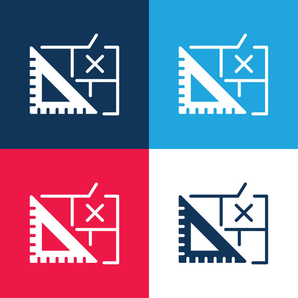 Blueprint azul y rojo conjunto de iconos mínimo de cuatro colores - Vector, Imagen