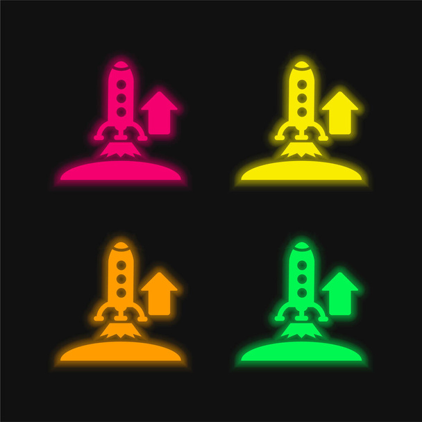 Ascending Rocket four color glowing neon vector icon - Vector, Image