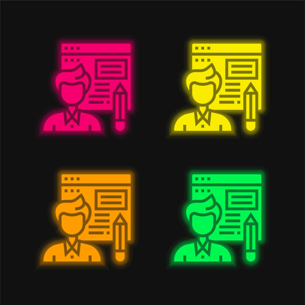 Blogger vier Farben leuchtenden Neon-Vektor-Symbol - Vektor, Bild
