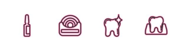 Установить линию болеутоляющее таблетки, отбеливание зубов, зубная нить и значок. Вектор - Вектор,изображение