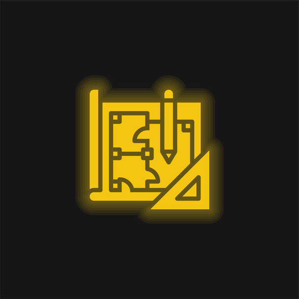 黄色の輝くネオンアイコンをブループリント - ベクター画像
