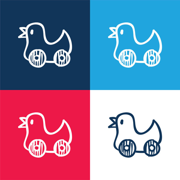 Silla de juguete para pájaros con ruedas azul y rojo conjunto de iconos mínimo de cuatro colores - Vector, Imagen