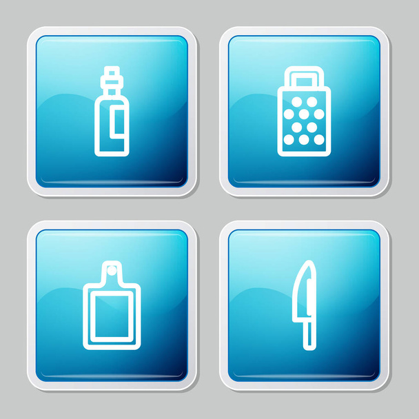 Set line Bottle of olive oil, Grater, Cutting board and Knife icon. Vector - Vector, imagen