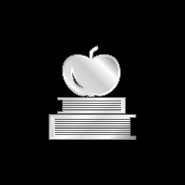 Books And Apple On Top silver plated metallic icon - Vector, Image