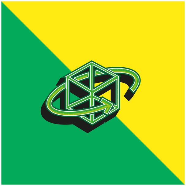 3d Wydrukowany sześcian z okrągłą strzałką wokół zielonego i żółtego nowoczesnego logo wektora 3D - Wektor, obraz