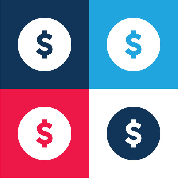 Moneda de dólar grande azul y rojo conjunto de iconos mínimo de cuatro colores - Vector, Imagen