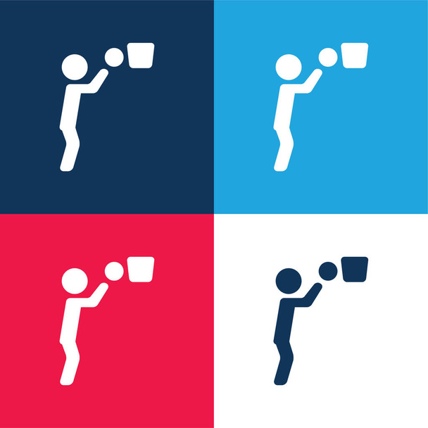 Balle et panier de joueur de basket-ball bleu et rouge ensemble d'icône minimale de quatre couleurs - Vecteur, image