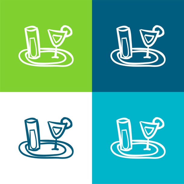 Bandeja de bar con copas dibujadas a mano Gafas planas de cuatro colores mínimo icono conjunto - Vector, Imagen