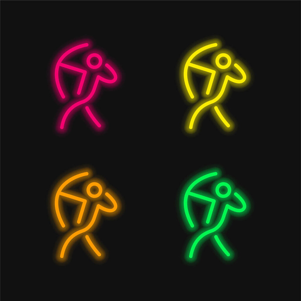 Archer Stick Man With An Arch four color glowing neon vector icon - Vector, Image
