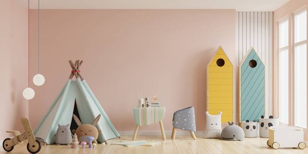Sisätilojen lasten leikkihuone teltta ja pöytä istuu Kerma väri seinä, 3D renderöinti - Valokuva, kuva