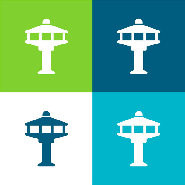 Aeropuerto Torre plana de cuatro colores mínimo icono conjunto - Vector, imagen