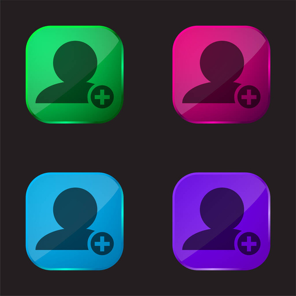 Přidat Lidé Rozhraní Symbol Černé osoby Close Up With Plus Přihlásit se Malý kruh čtyři barvy skla ikona tlačítko - Vektor, obrázek
