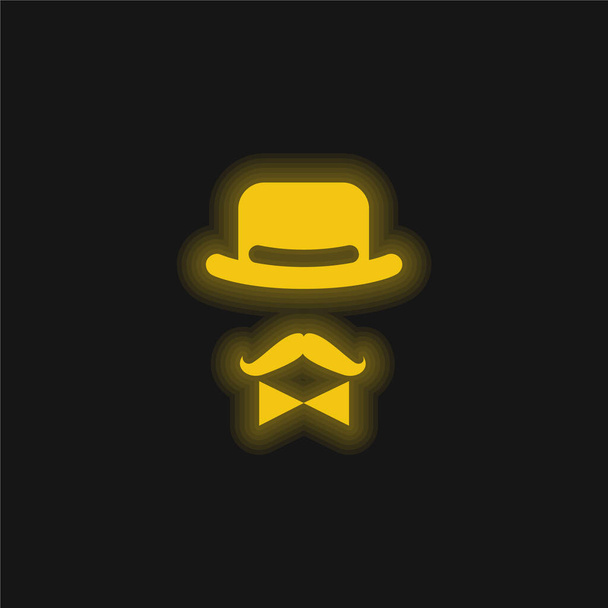 Carattere maschile antico di un cappello un arco e un baffi giallo brillante icona al neon - Vettoriali, immagini