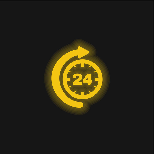 24 horas de tiempo con curva flecha amarillo brillante icono de neón - Vector, imagen