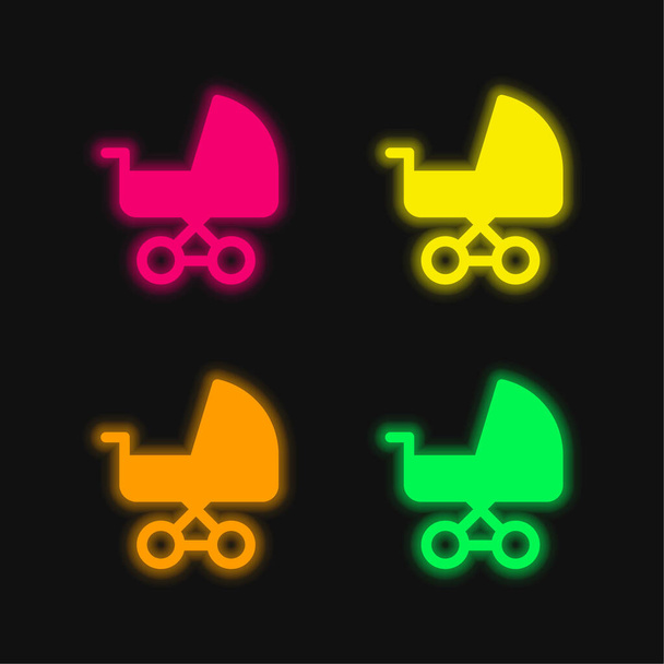 Baby Carriage four color glowing neon vector icon - Vector, Image