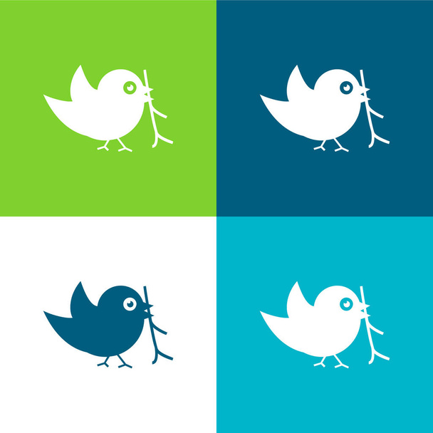 pájaro con ramita en su pico plano conjunto de iconos mínimo de cuatro colores - Vector, Imagen