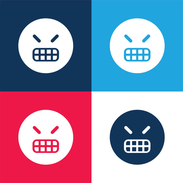 Angry Emoticon Square Arc kék és piros négy szín minimális ikon készlet - Vektor, kép
