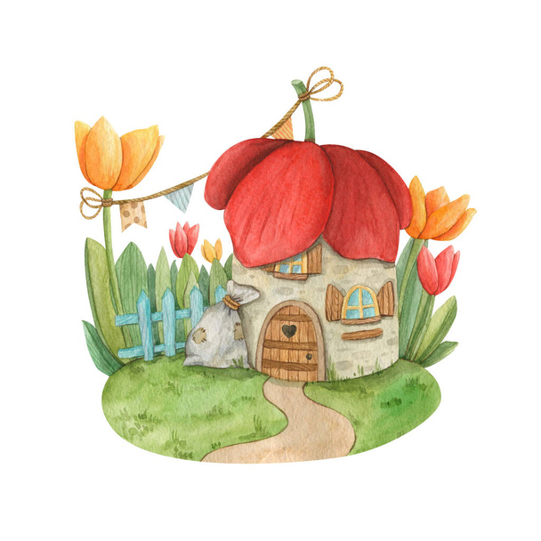 Cute watercolor house with a tulip flower roof with cute windows, door, blue fence, garland of flags and bags of flour and green lawn - Φωτογραφία, εικόνα