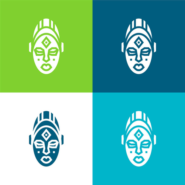 Máscara africana plana de cuatro colores mínimo icono conjunto - Vector, imagen