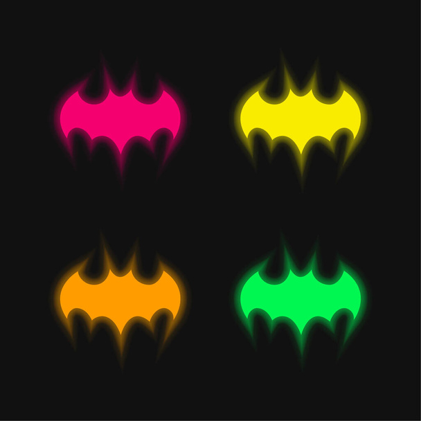 Bat Black Shape With Open Wings four color glowing neon vector icon - Vector, Image
