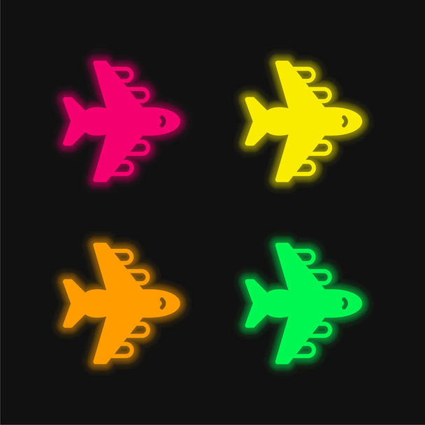 Avión de cuatro colores brillante icono del vector de neón - Vector, Imagen