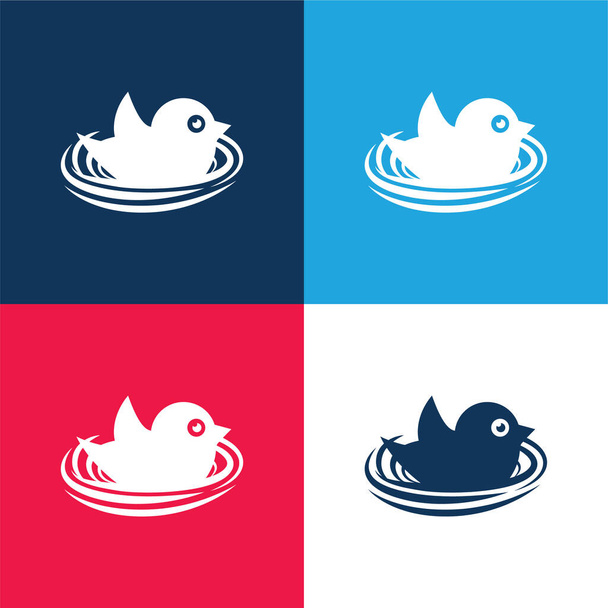 Pták v hnízdě modrá a červená čtyři barvy minimální ikona nastavena - Vektor, obrázek