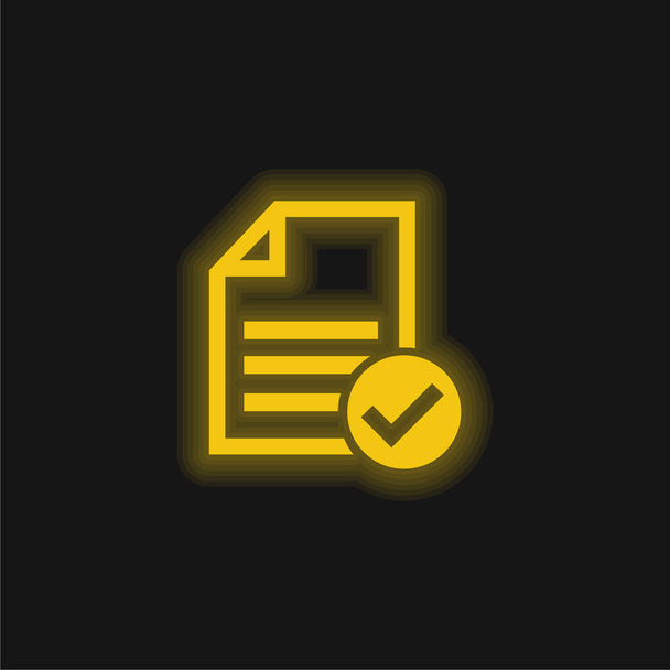 Aceptar archivo o lista de verificación amarillo brillante icono de neón - Vector, Imagen