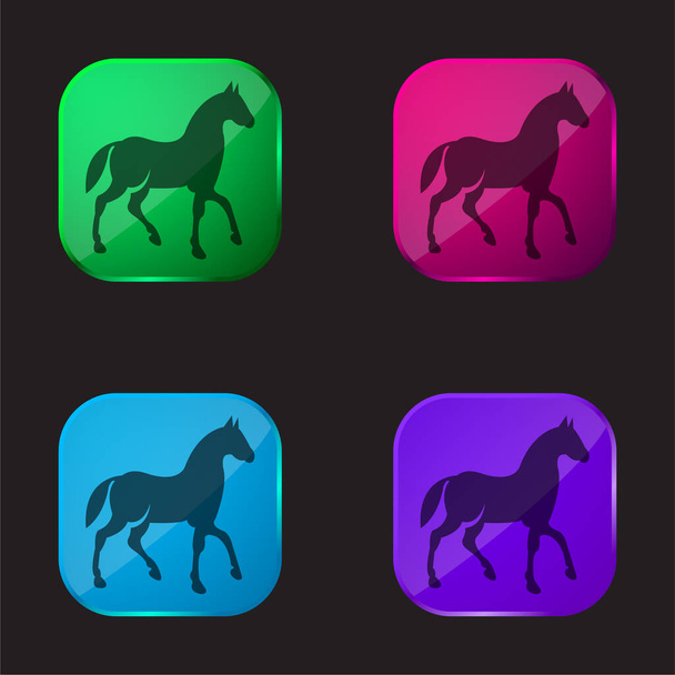 Black Race Horse On Walking Pose Side View four color glass button - Вектор,изображение
