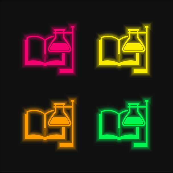 Libro e provetta con il sostenitore icona vettoriale al neon incandescente a quattro colori - Vettoriali, immagini