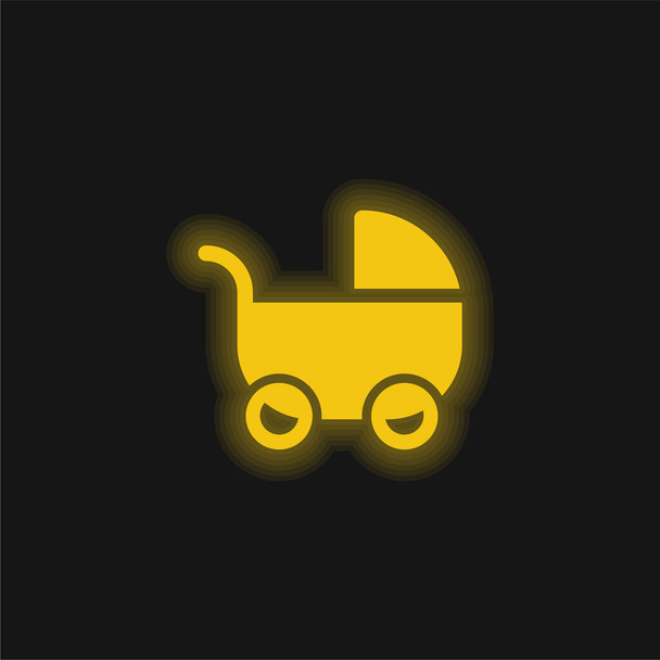 赤ちゃんベビーカー黄色の輝くネオンアイコン - ベクター画像