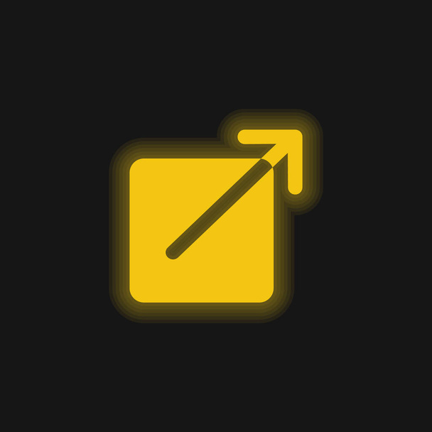 Zwarte vierkante knop met een pijl wijzend naar boven rechts geel gloeiend neon pictogram - Vector, afbeelding